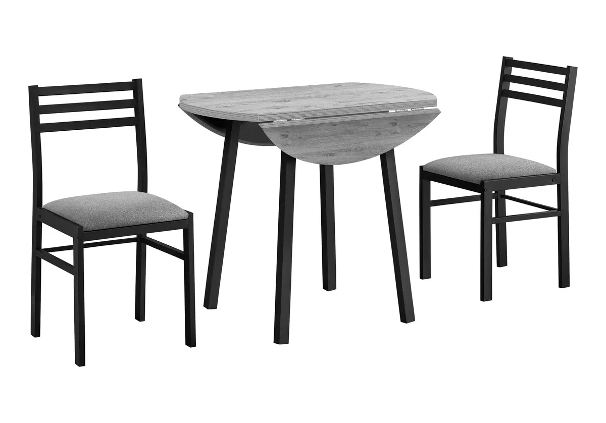 Monarch Specialties I 1007 Dining Table Set, 3pcs Set, Small, 35" Drop Leaf, Kitchen, Black Metal, Grey Laminate, Contemporary, Modern