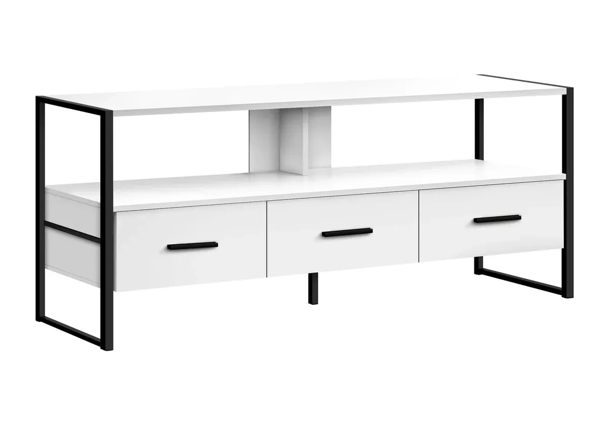 Monarch Specialties I 2615 Tv Stand, 48 Inch, Console, Media Entertainment Center, Storage Drawers, Living Room, Bedroom, Laminate, Metal, White, Black