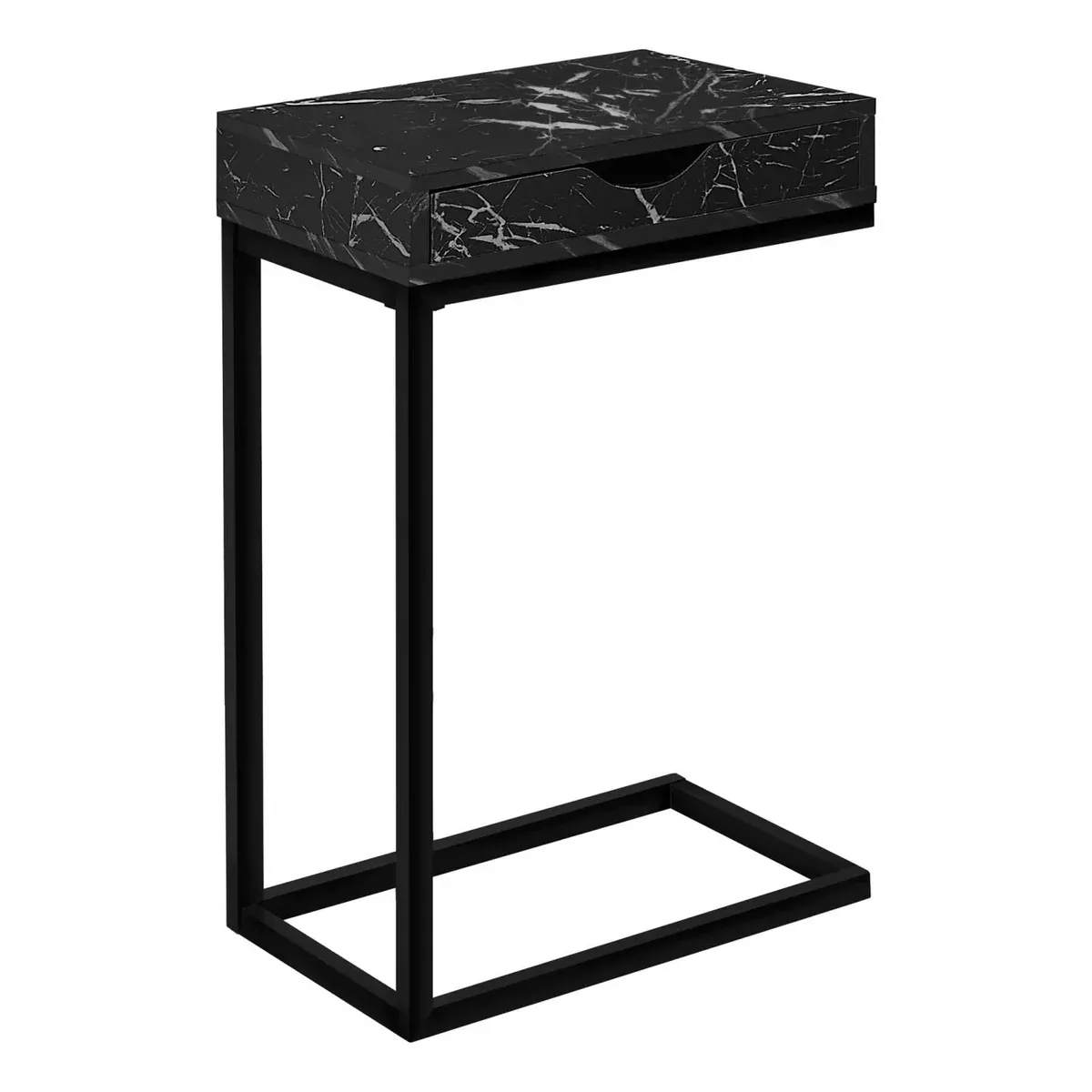 Monarch Specialties I 3604 Accent Table, C-Shaped, End, Side, Snack, Storage Drawer, Living Room, Bedroom, Metal, Laminate, Black Marble Look, Contemporary