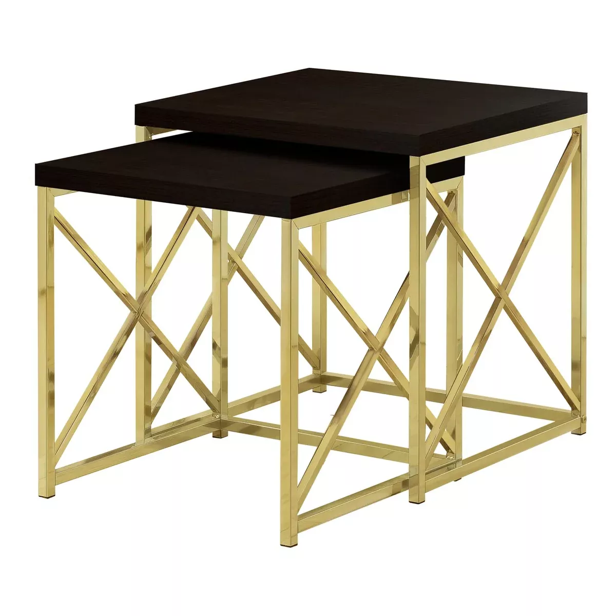 Monarch Specialties I TABLE-2PCS Set/Cappuccino/Gold Metal NESTING TABLE, Brown