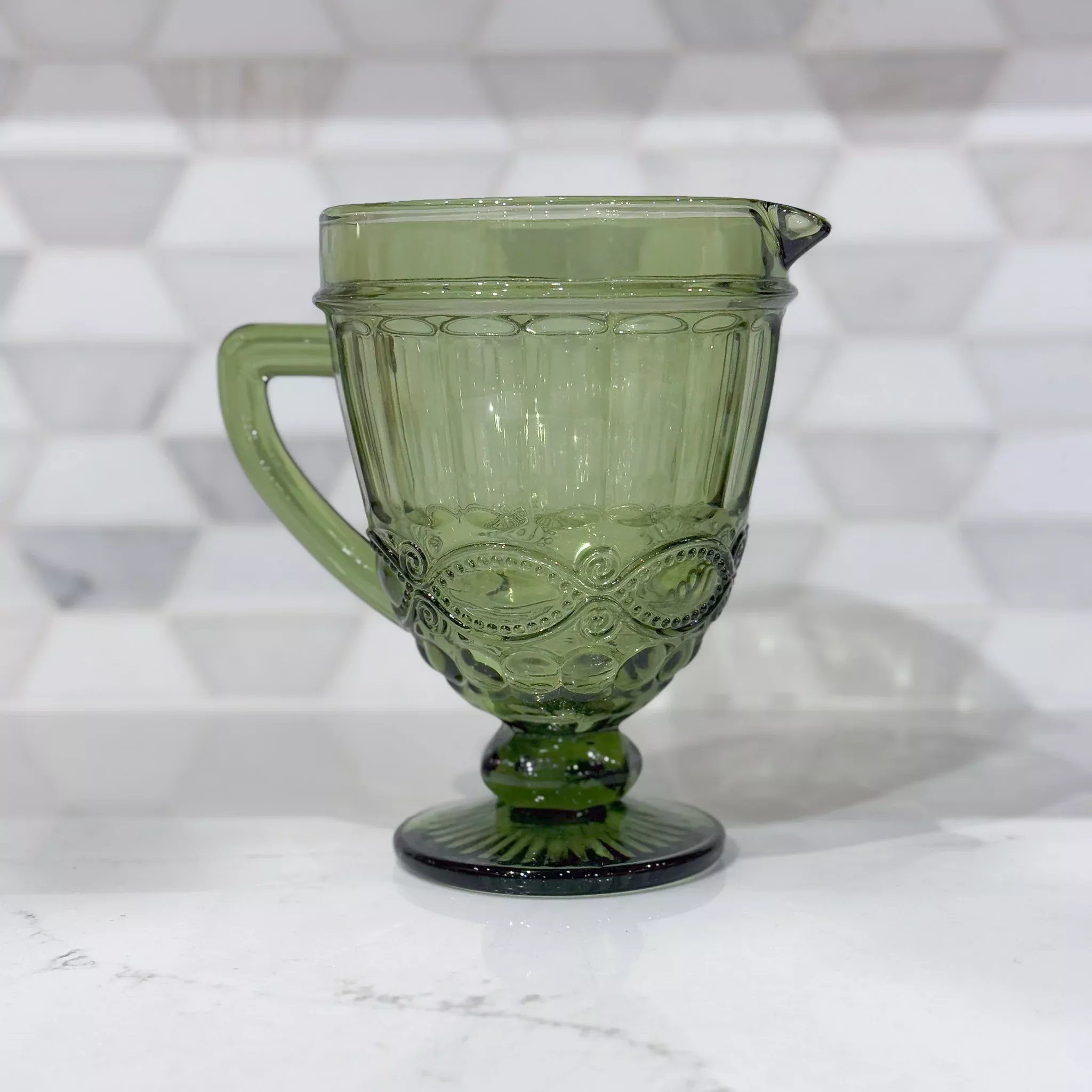 Olive Embossed Glass Pitcher
