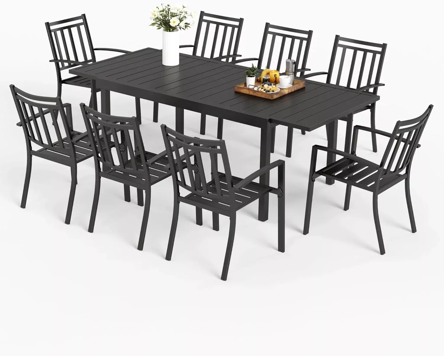 Outdoor Patio Dining Set, Steel Stackable Chairs, 1 Rectangular Expandable Table, Porch Lawn Backyard Garden Furniture Sets