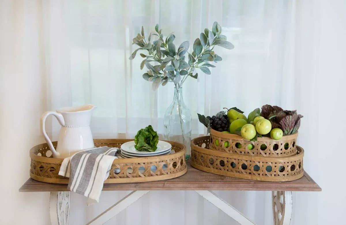 Oval Design Decorative Woven Wood Tray - Set of 3