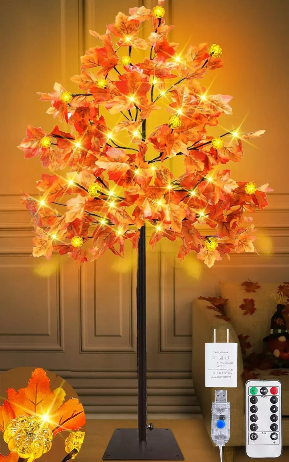 Prelit Fall Maple Tree with 108 Warm White LEDs & 12 Pumpkin Lights – 8 Modes for Indoor /Outdoor Thanksgiving Decor