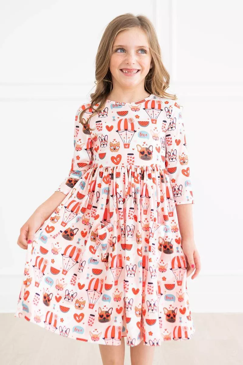 Puppy Love 3 /4 Sleeve Pocket Twirl Dress