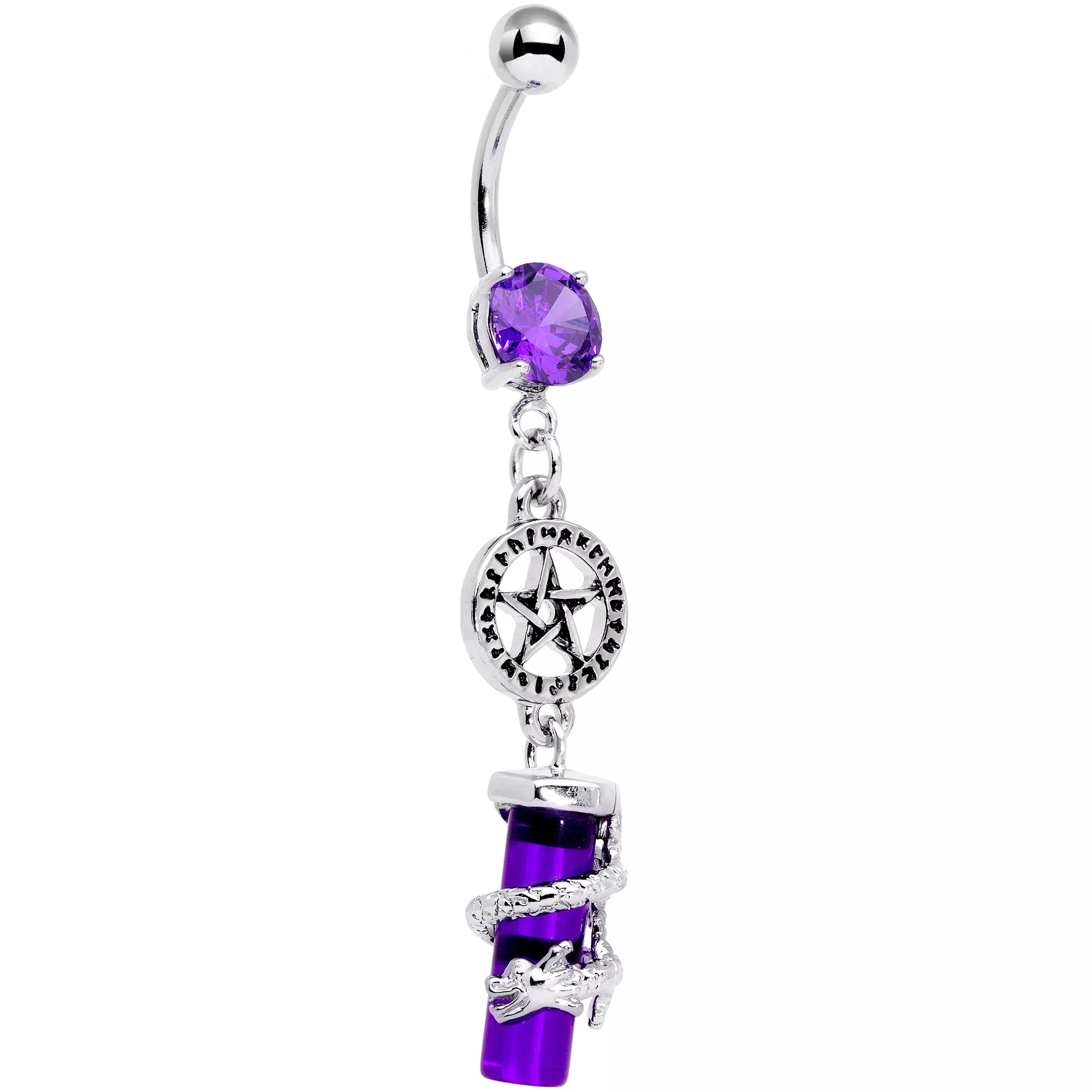 Purple CZ Gem Witch Way Dragon Pentagram Dangle Belly Ring
