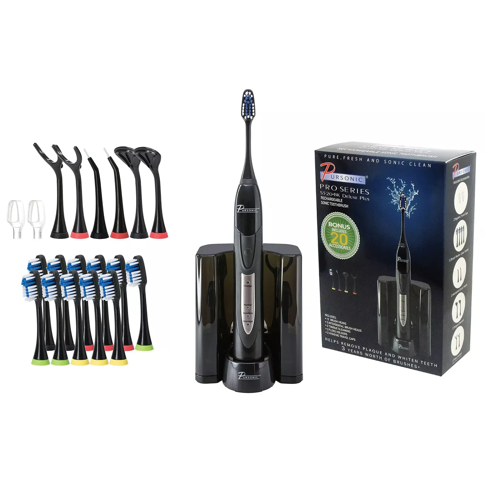PursonicBlack Rechargeable Electric Toothbrush with Bonus Value Pack