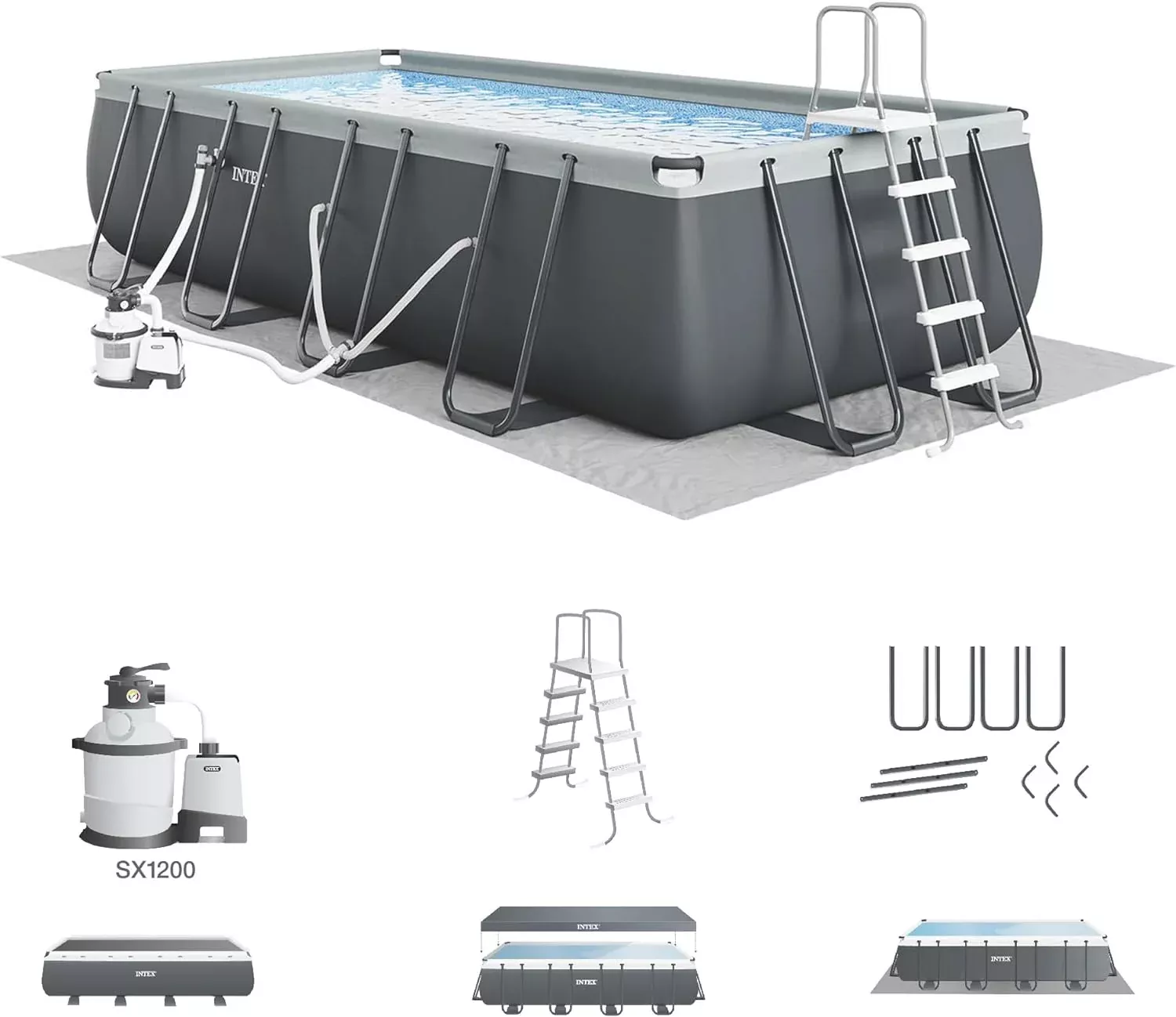Rectangular Frame Above Ground Outdoor Swimming Pool Set with 1200 GPH Sand Filter Pump, Pool Cover and Ladder 18' x 9' x 52