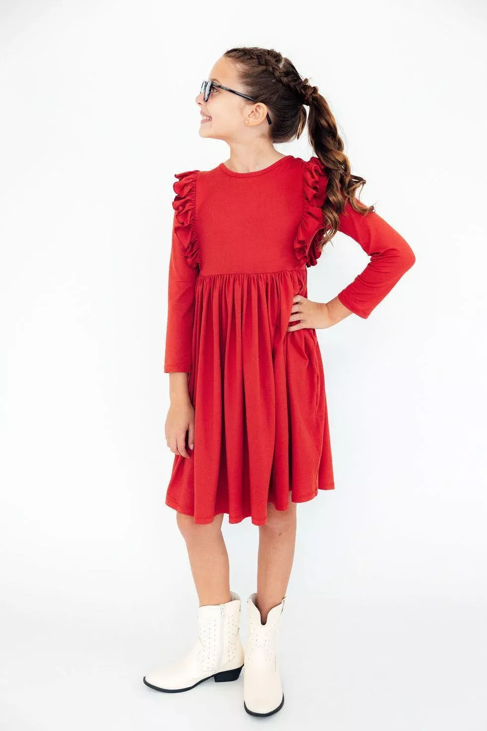 Red L /S Ruffle Twirl Dress