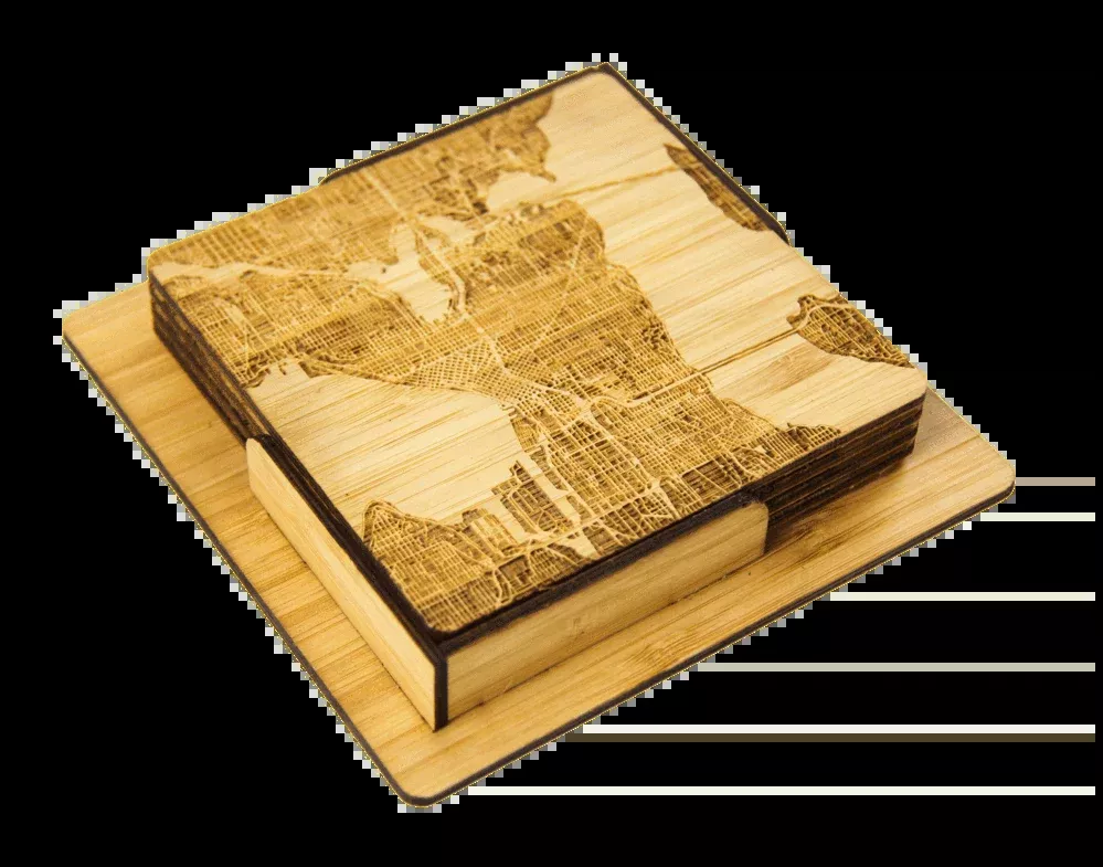 Seattle Map Engraved Bamboo Coaster Set by Rustek