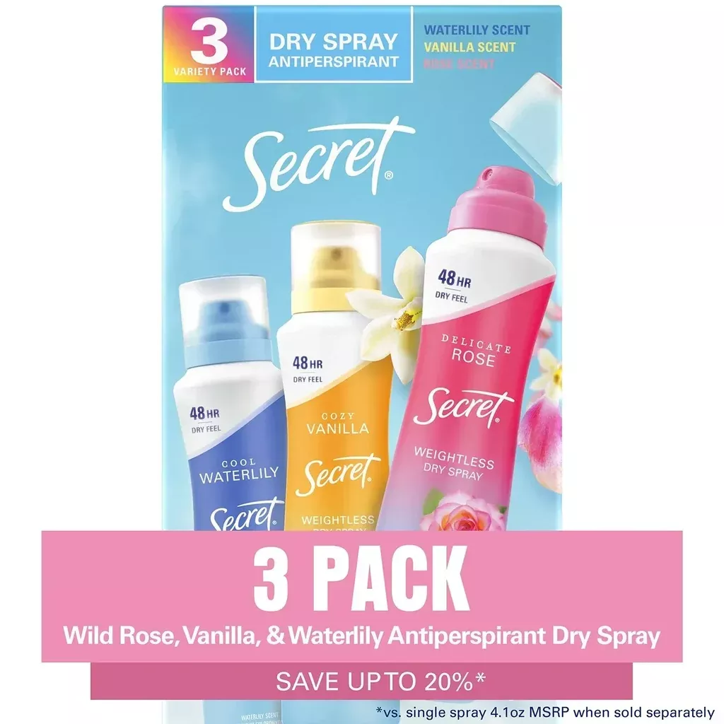 Secret Dry Spray Women's Antiperspirant Deodorant, Vanilla, Wild Rose & Waterlily, 4.1 oz., 3 pk.