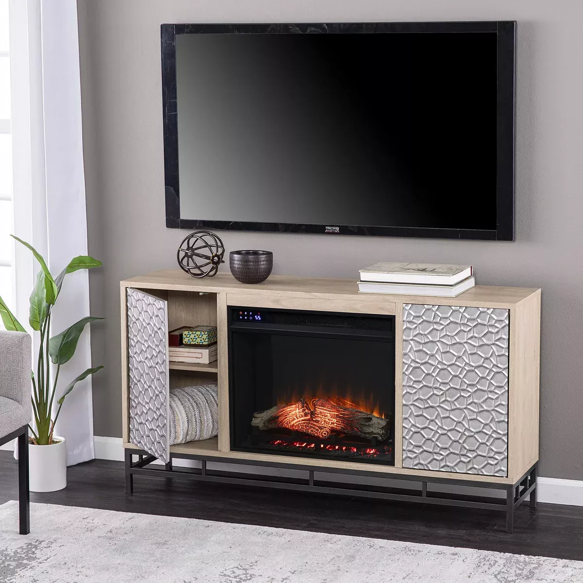 SEI Furniture Hollesborne Electric Fireplace TV Stand with Storage for TVs up to 50 Inches, Color Changing LED Flame, Natural