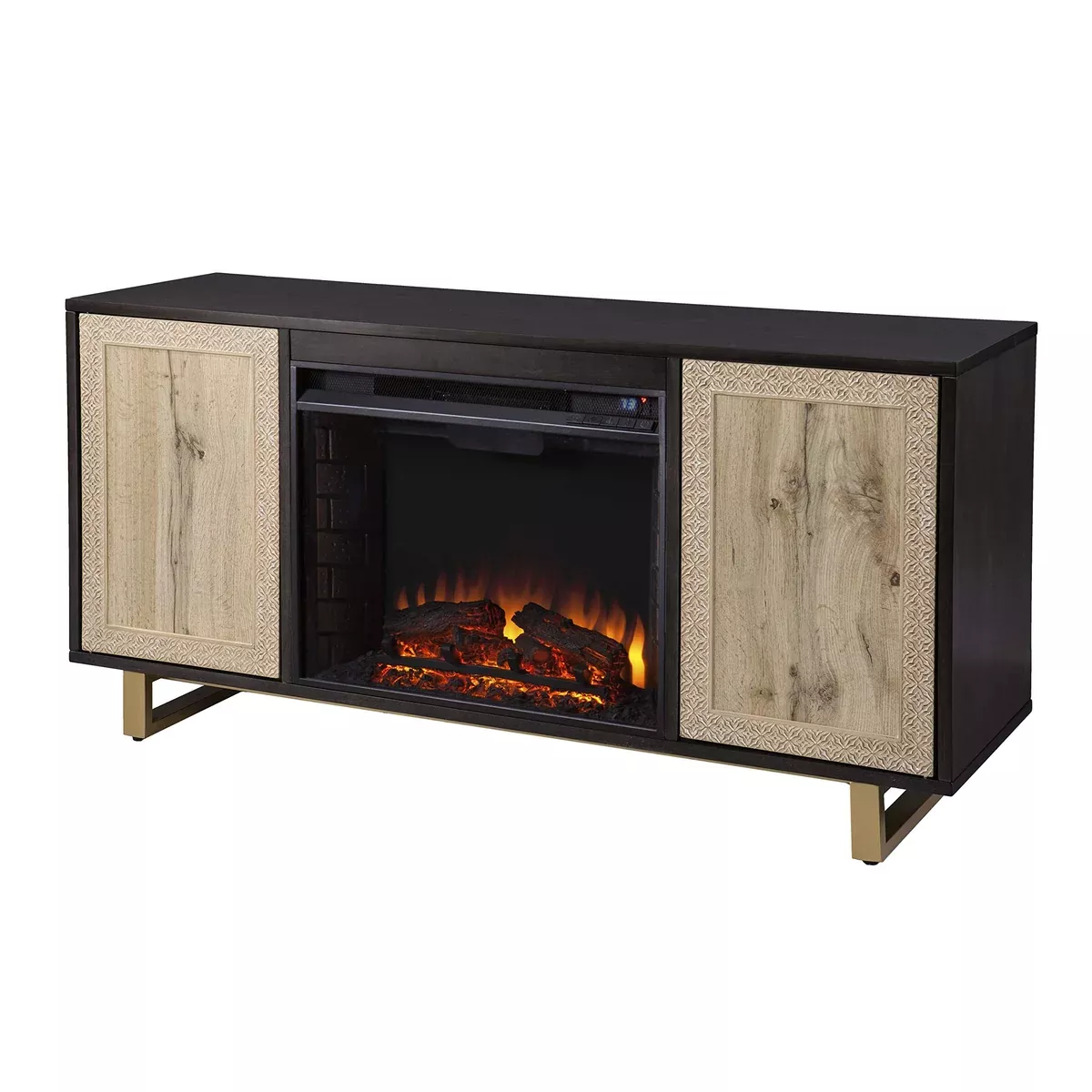 SEI Furniture Wilconia Electric Media Fireplace w/Carved Details, Brown/Natural/Gold