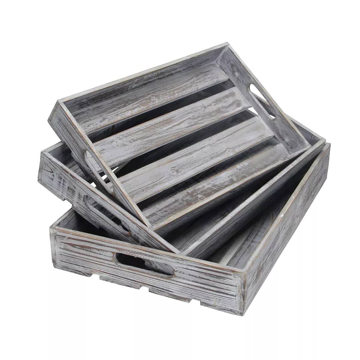 Set of 3 Wood Slat Tray - Gray Wash