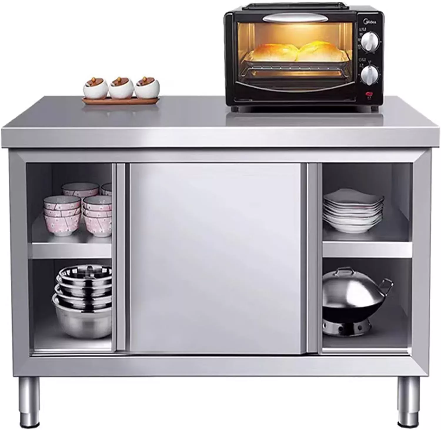 Stainless Steel Commercial Worktable w /Sliding Doors for Prep & Work, 39.3