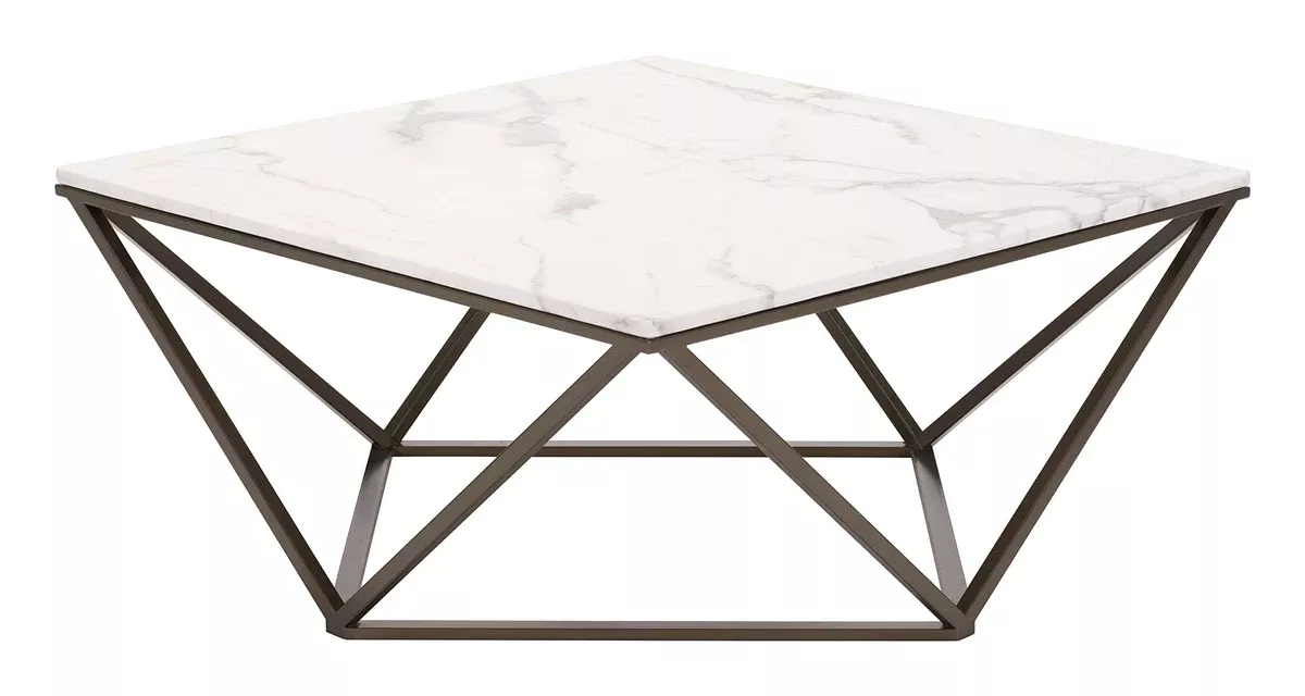 Tintern Coffee Table White & Antique Bronze, White Coffee Table, Modern Style, Faux Marble Composite Stone Square Shape Tabletop, Steel, Indoor Living, 36" W x 36" D x 16.5" H