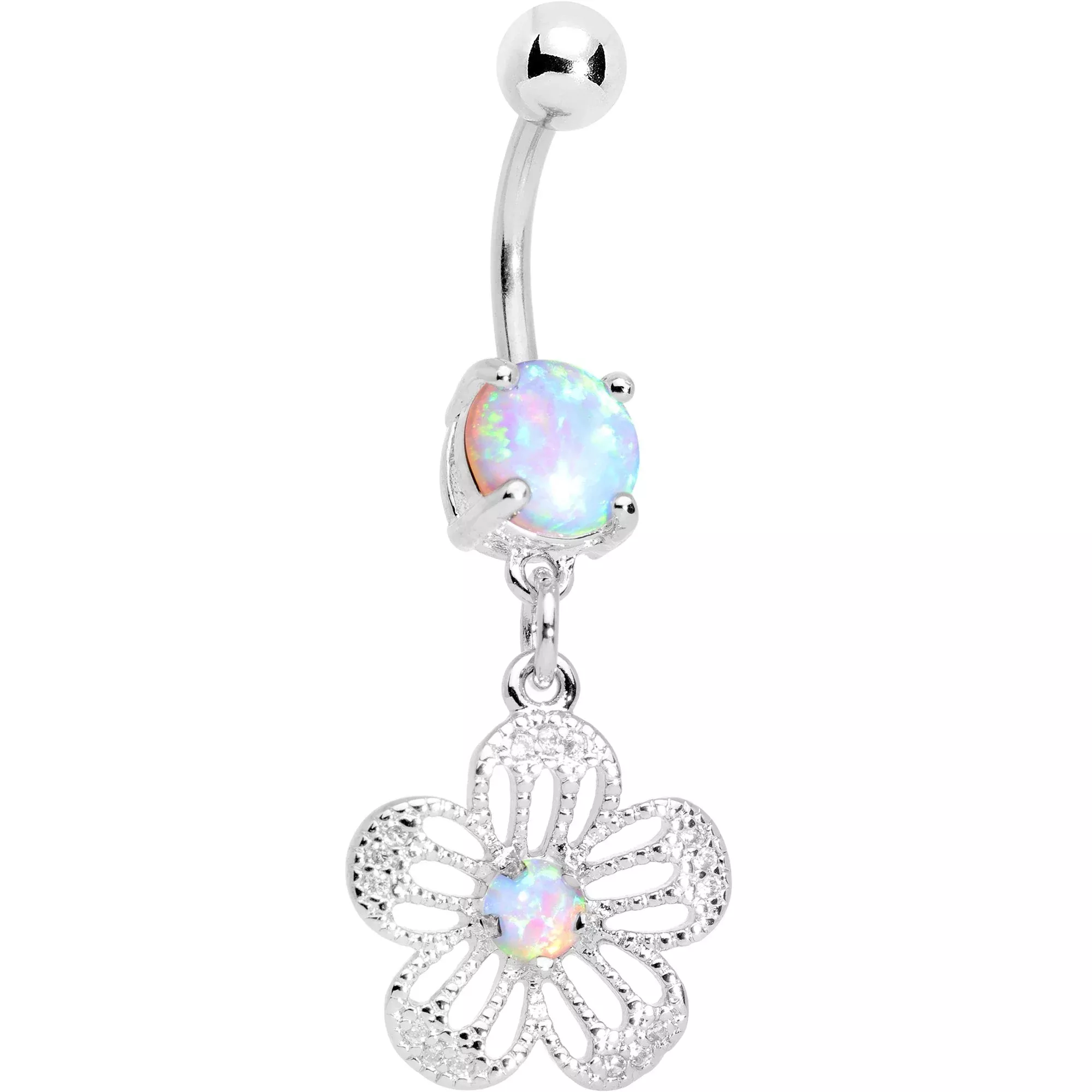 White Faux Opal Frozen Flower Dangle Belly Ring