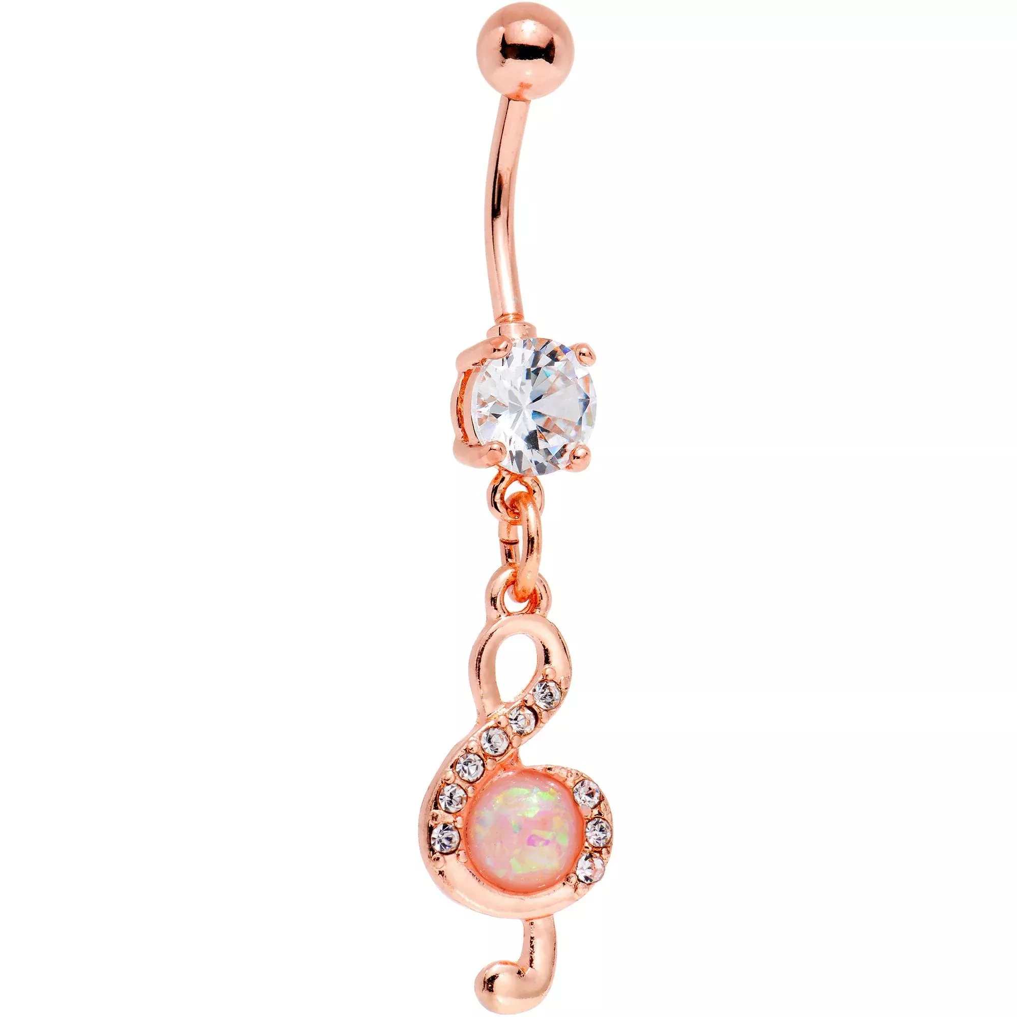 White Faux Opal Rose Gold PVD Treble Clef Dangle Belly Ring