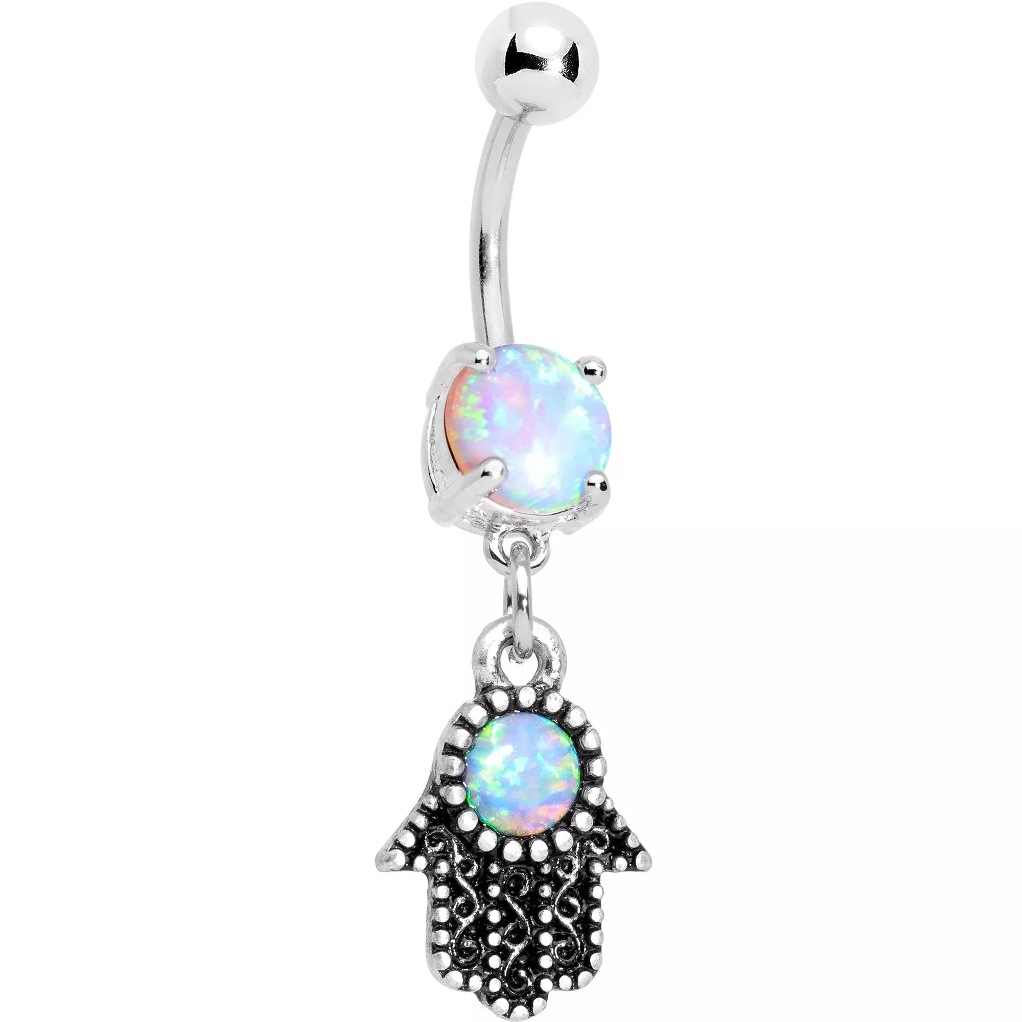 White Synthetic Opal Hamsa Hand Dangle Belly Ring