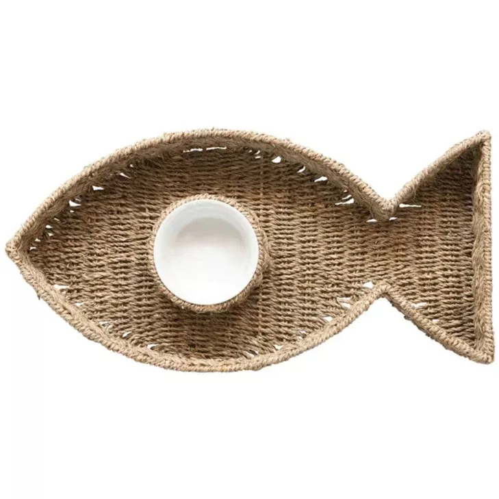 Woven Seagrass Chip & Dip Fish-Shaped Serving Platter - 20" x 10"